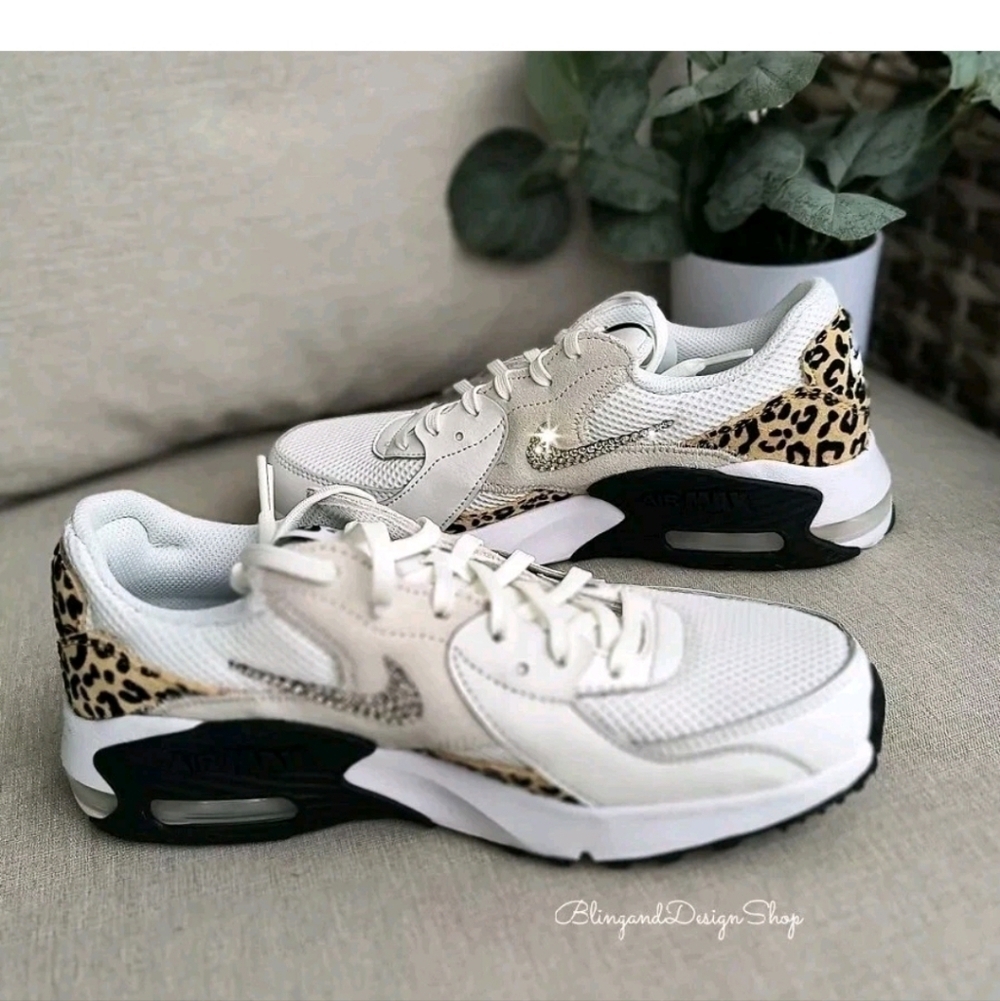 Bling Nike Air Max Excee Womens White Sneakers Shoes Leopard Print Customized - Picture 2 of 7